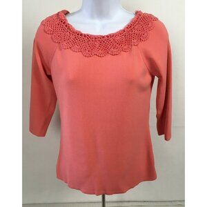 J A C Womens Top Size XS Knit Coral 3/4 Sleeve Top With Crochet Neckline